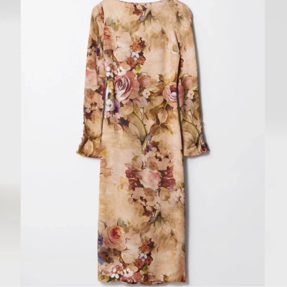 & Other Stories Floral-Print Midi Dress in Beige Floral Back Buttons Size 12